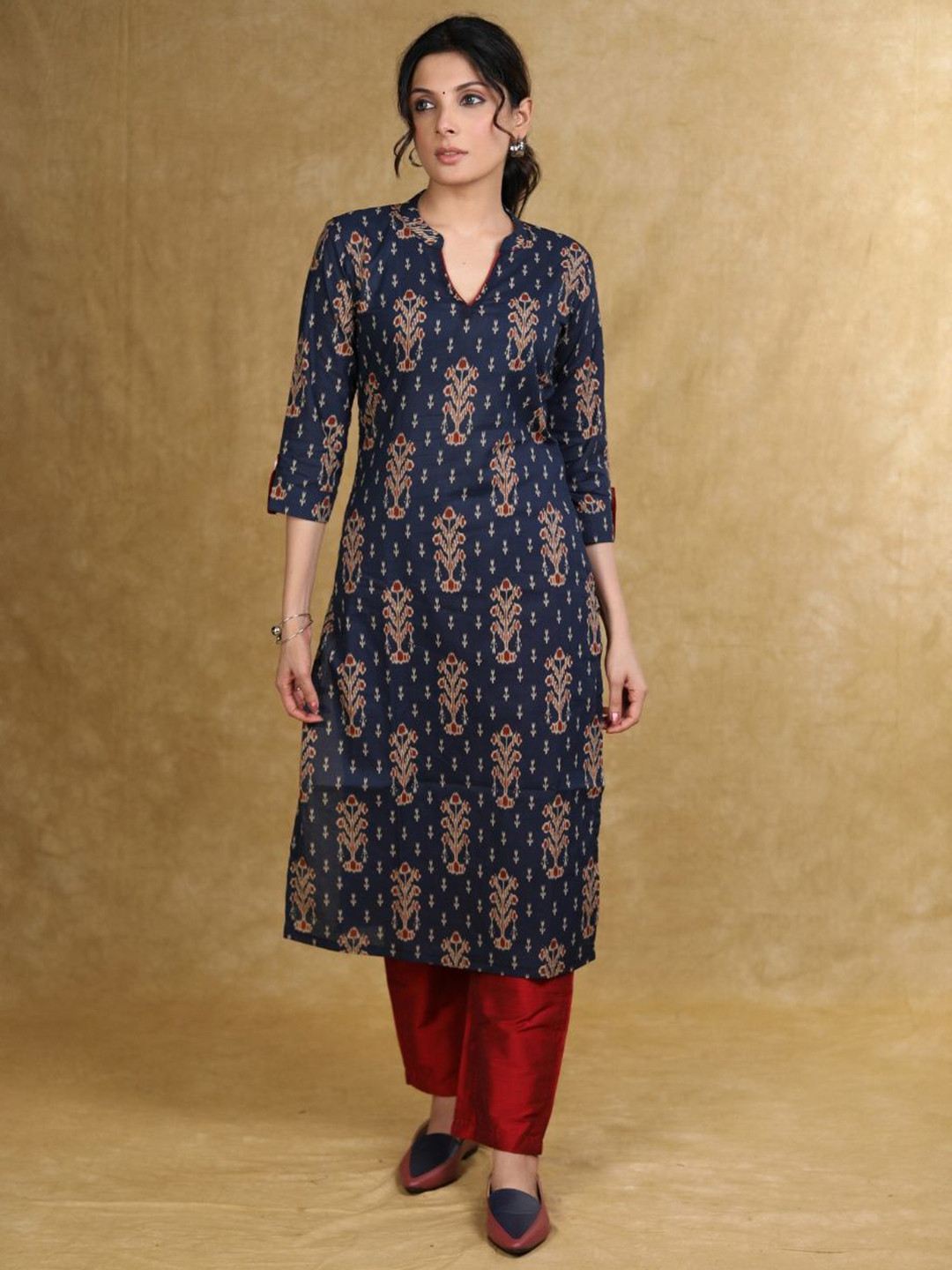 SUJATRA Floral Printed Mandarin Collar Ajrakh Cotton Straight Kurta