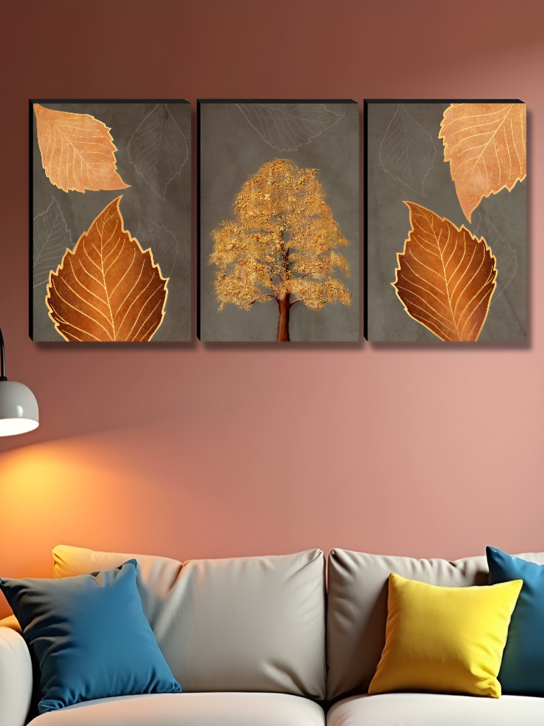 Aura Grey & Orange 3 Pieces Tree & Leafs Wooden Wall Art