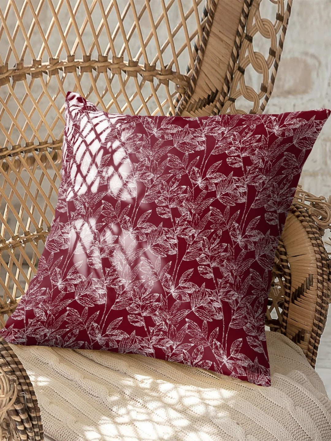 CASABLEU Premium Meadow Maroon Floral Polyester 2 Pcs Square Cushion Covers -18x18In