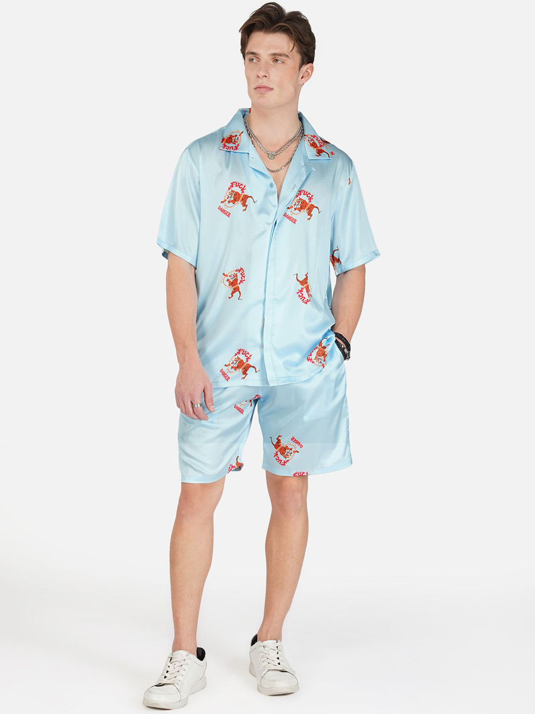 CLUBHAVANA Fireborn Fury Printed Short Sleeves Pure Silk Shirt With Shorts