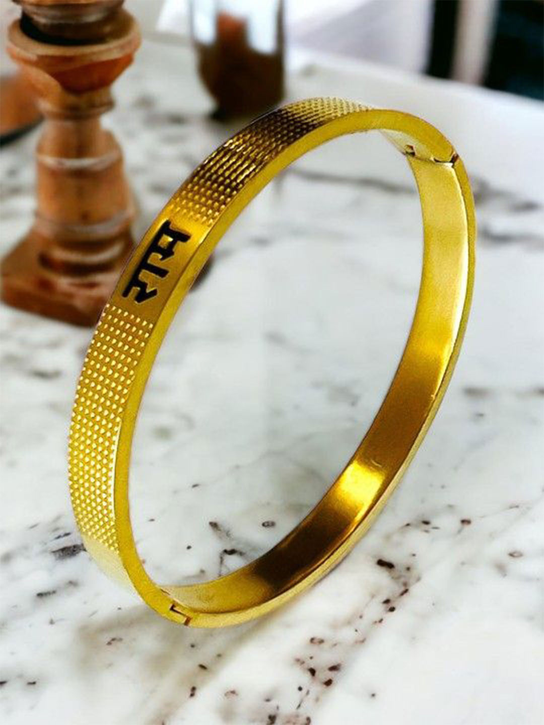 PASU FASHION Men Stainless Steel Gold-Plated Kada Ram Naam Bracelet