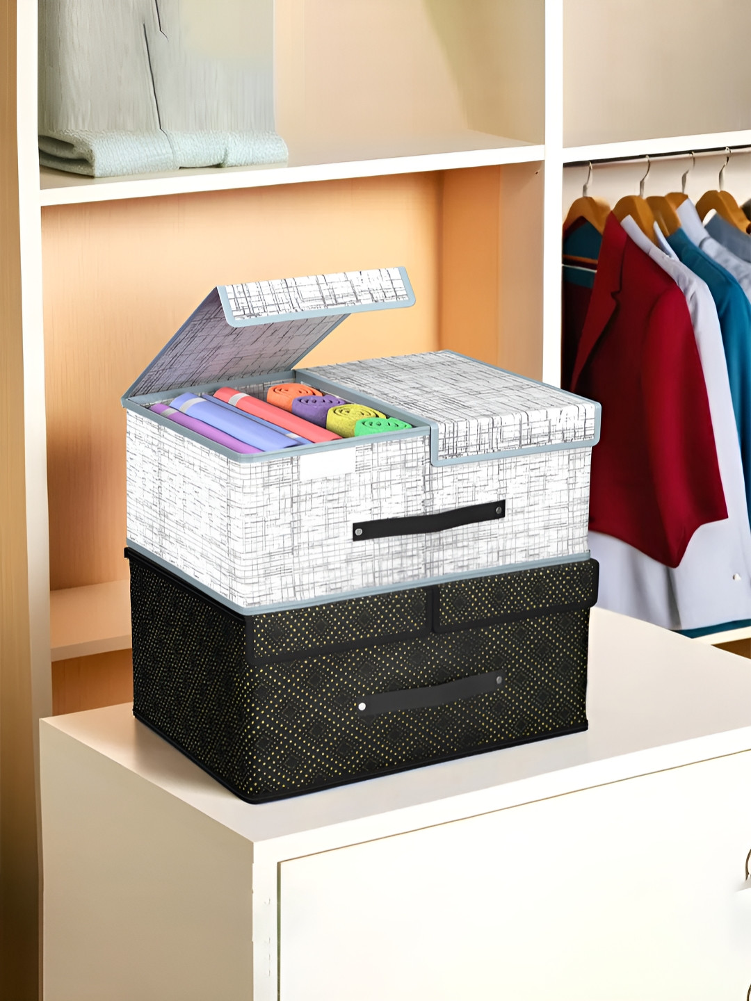 Aura Grey 2 Pcs Cloth Organisers for Wardrobe Small Foldable Storage Box with Double Lid