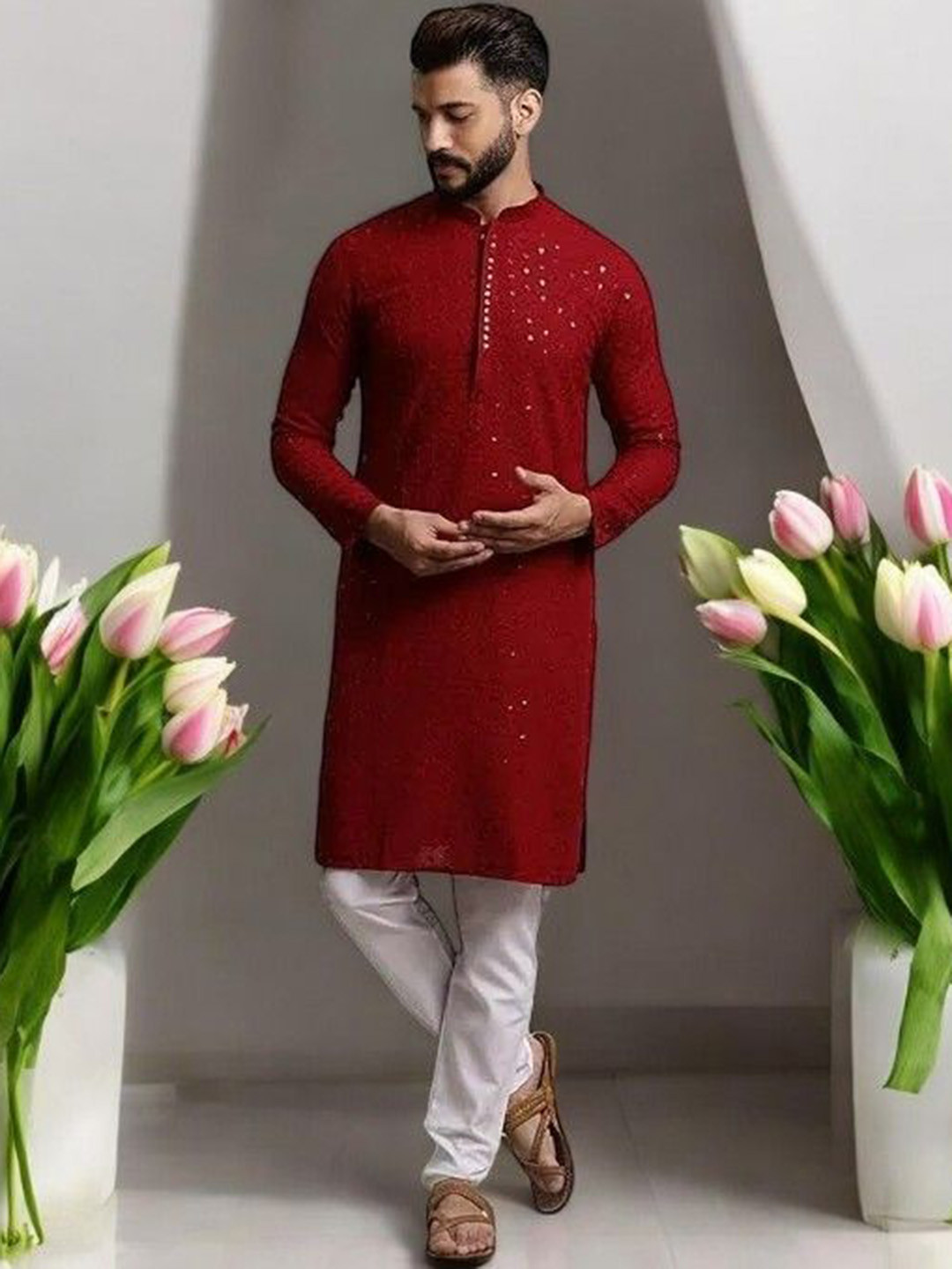 Atly Men Embroidered Regular Sequinned Kurta with Pyjamas