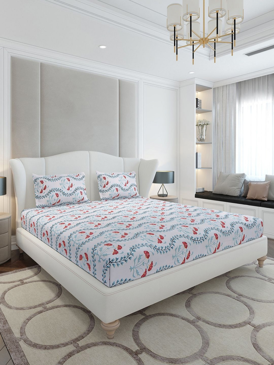 Monte Carlo White & Blue Floral Printed 130 TC King Bedsheet Set 2 m x 1.83 m