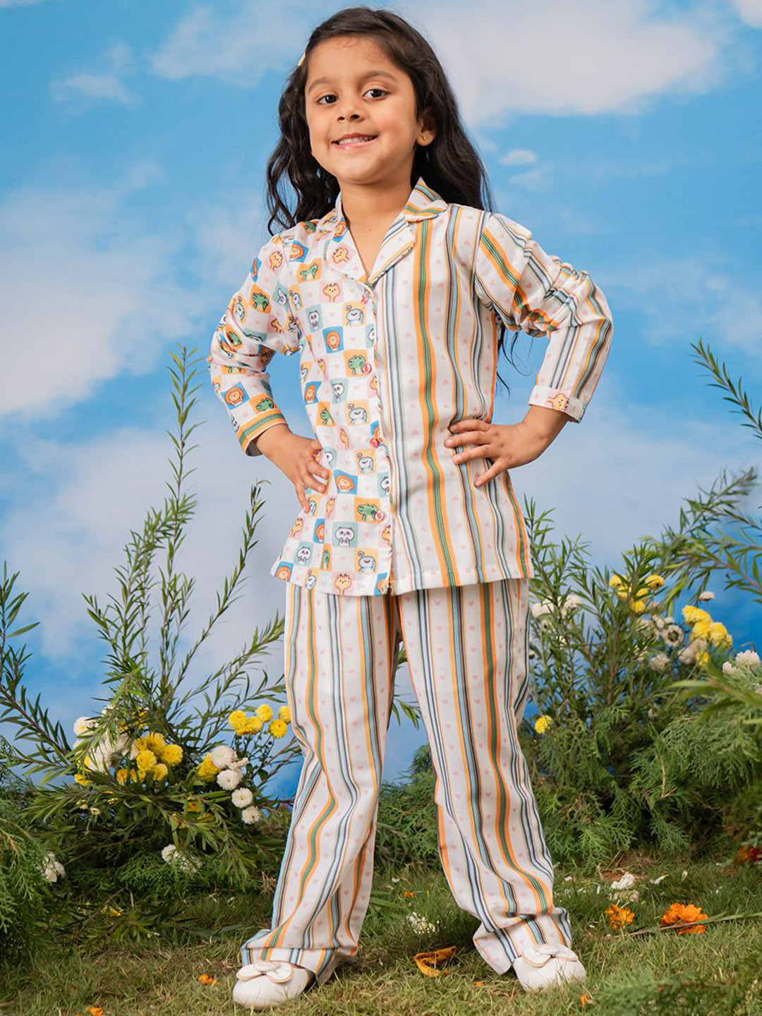 VASTRAMAY Girls Animal Printed Lapel Collar Shirt With Trousers