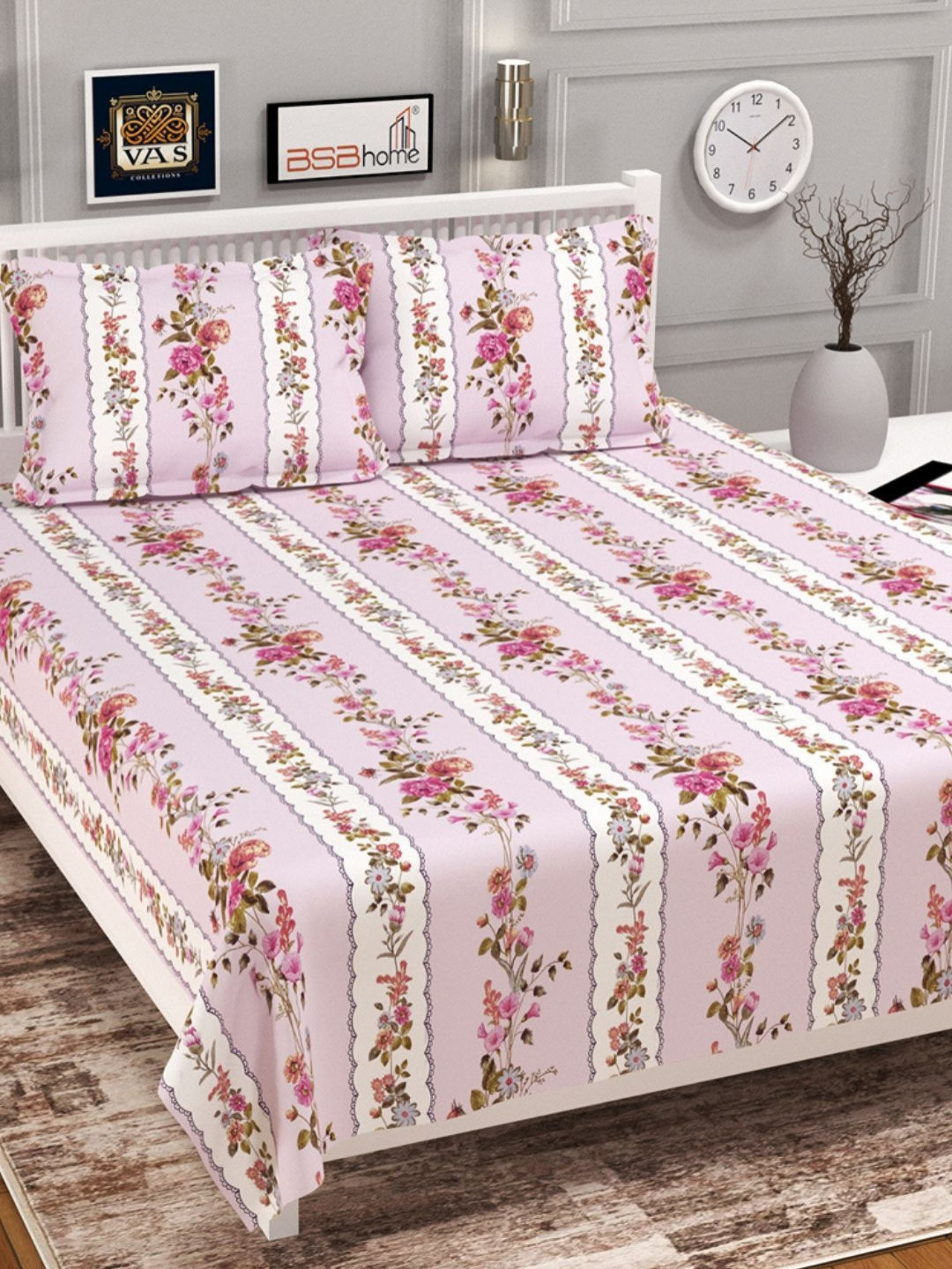 VAS COLLECTIONS Valancia Pink Floral Microfiber 210 TC Double Bedsheet Set-2.54x2.28m