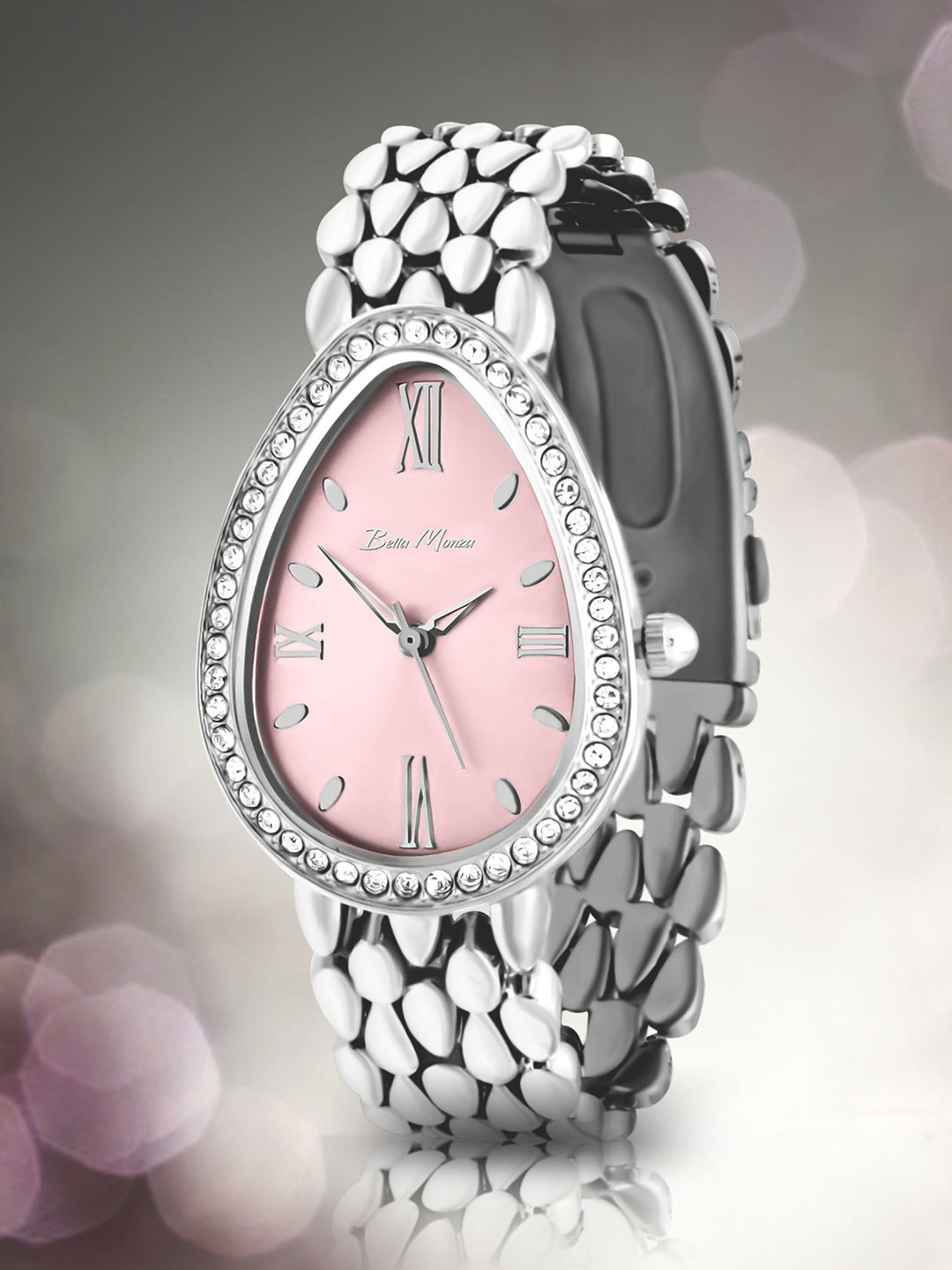 Bella Monza Women Oval Dial & Stainless Steel Style Straps Analogue Watch AA_Silver_Pink