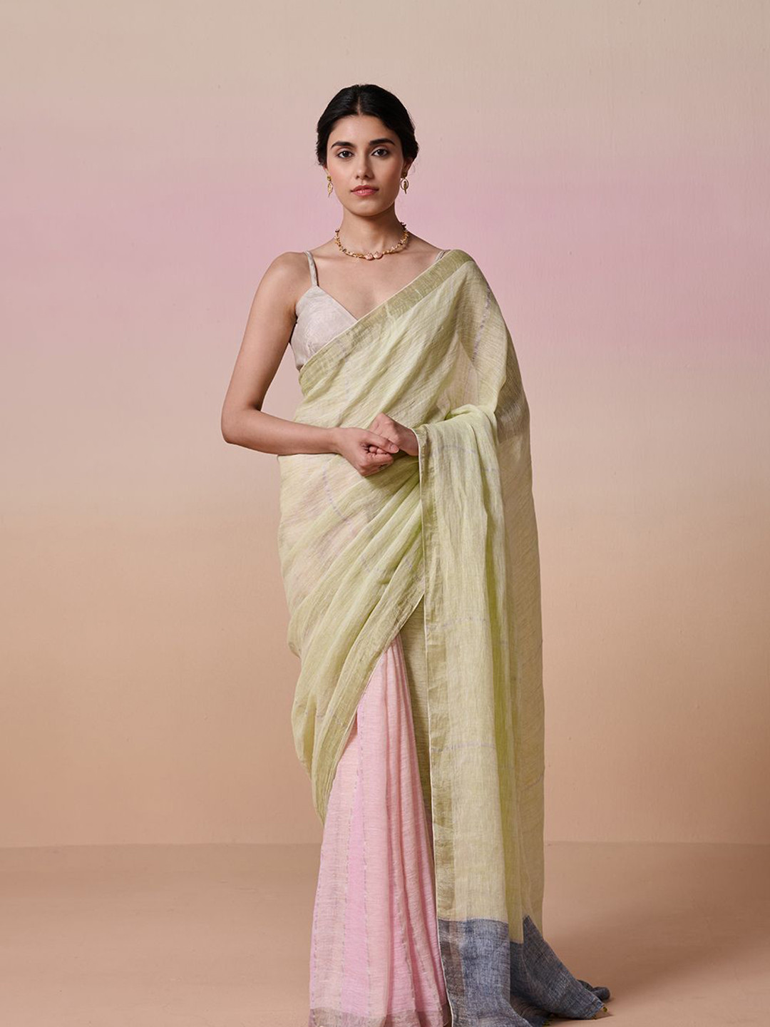 Dressfolk Handloom Linen Pista Green And Pink Saree With Blouse Piece