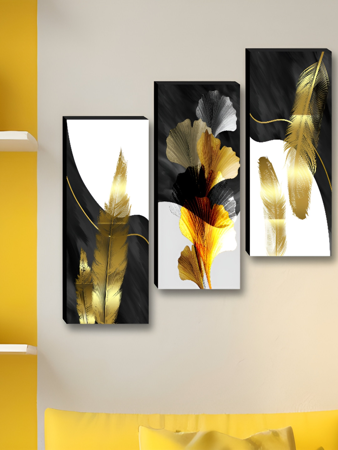Aura Flower White Wood 3 Pcs Wall Living Room Rectangle Paintings Wall Art -3.10 x 1.64In