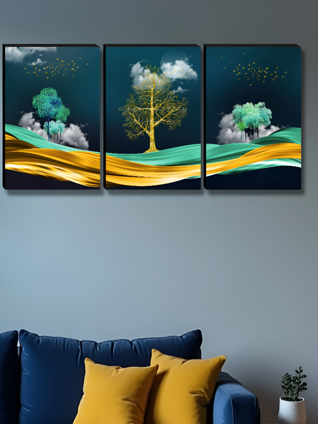 SAF Black & Green 3 Pieces Night Vision Printed Wooden Wall Art