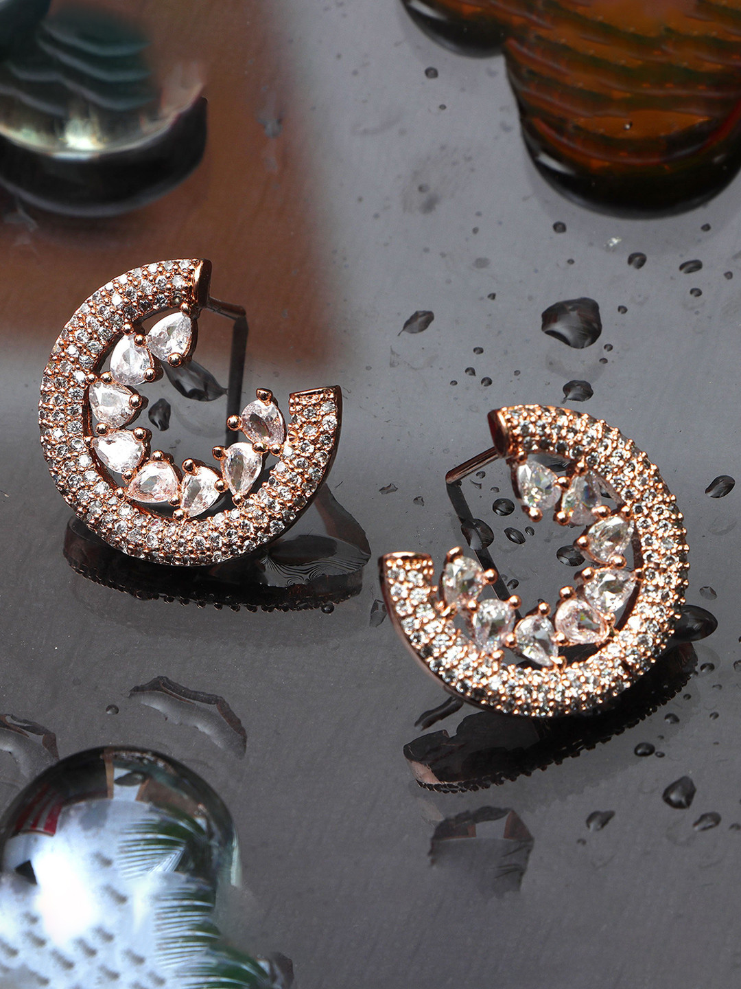 JYONA Sparkling Gold-Plated American Diamond Studded Circular Studs
