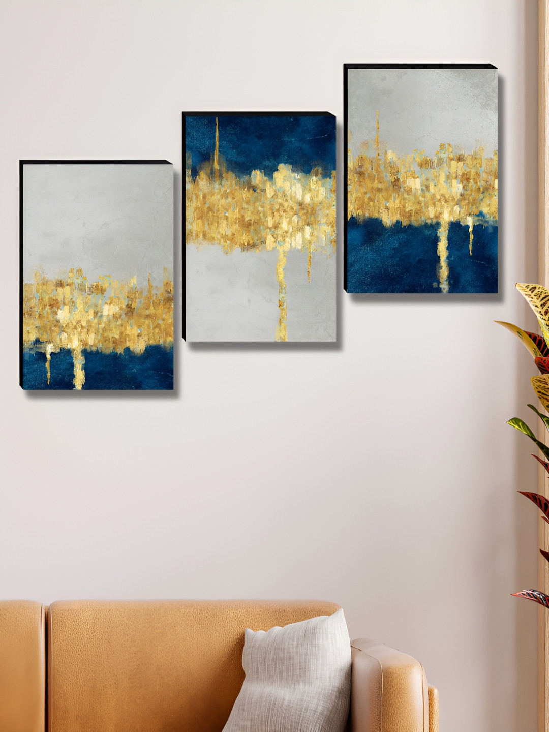 SAF Wood 3 Piece Wall Rectangle Paintings Wall Art - 36 x 12 In