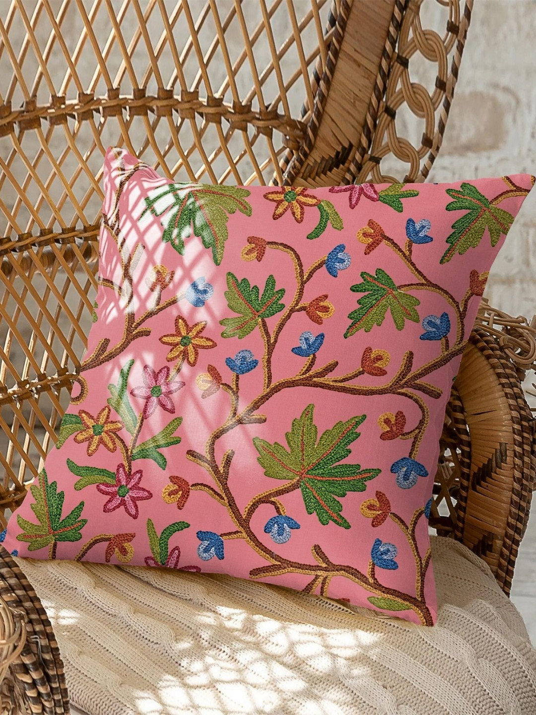 CASABLEU Pink & Green 2 Pieces Floral Square Cushion Covers- 18 x 18 In