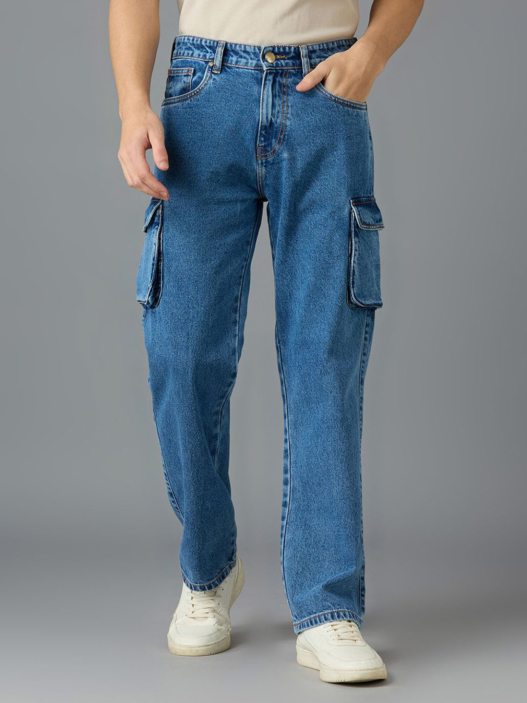 HangerLoop Men Pure Cotton Straight Fit Light Fade Cargo Jeans