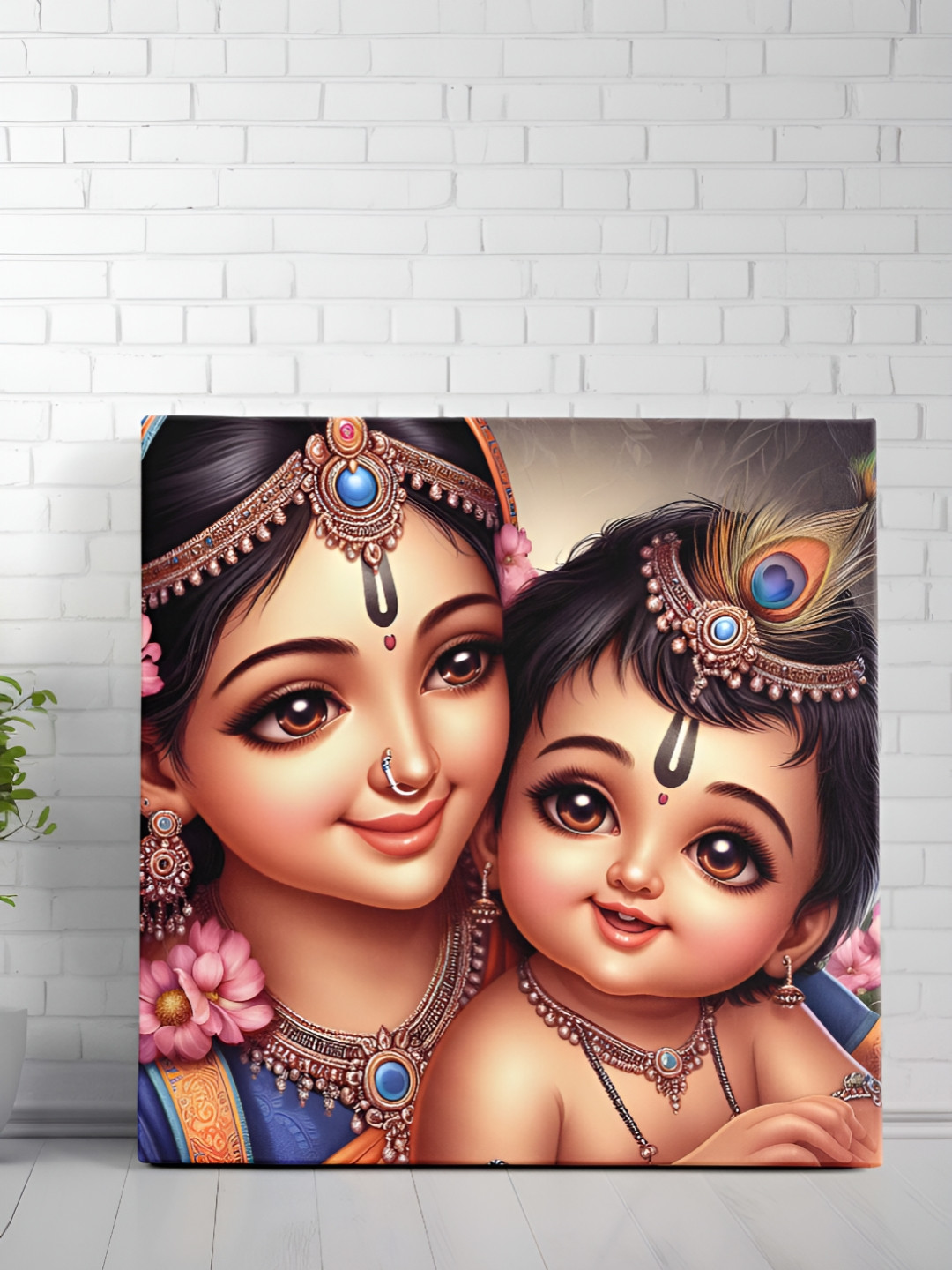 SAF Blue & Brown Lord Kanha Religious Canvas Wall Art