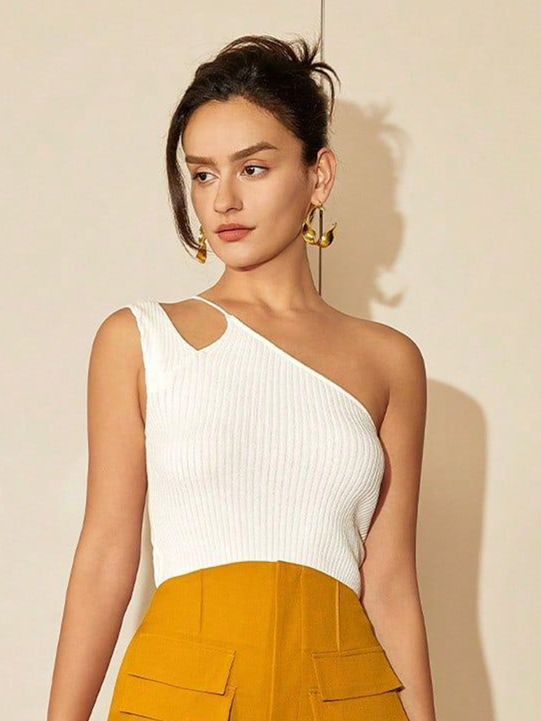 Outzidr Women One Shoulder Cutout Knit Top