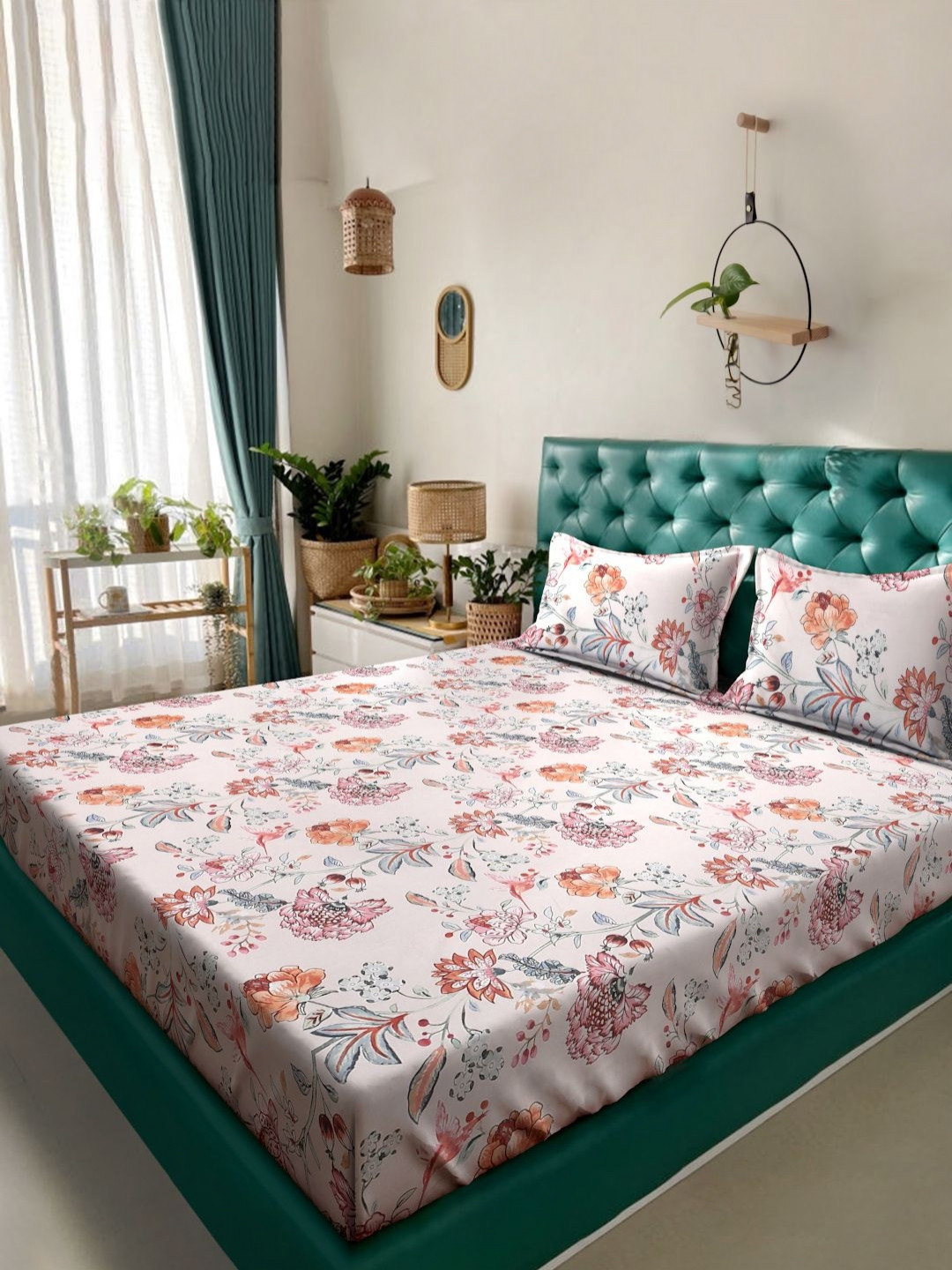 KLOTTHE Pink Floral Cotton 300 TC King Fine Bedsheet with 2 Pillow Covers-98 x 89 inches