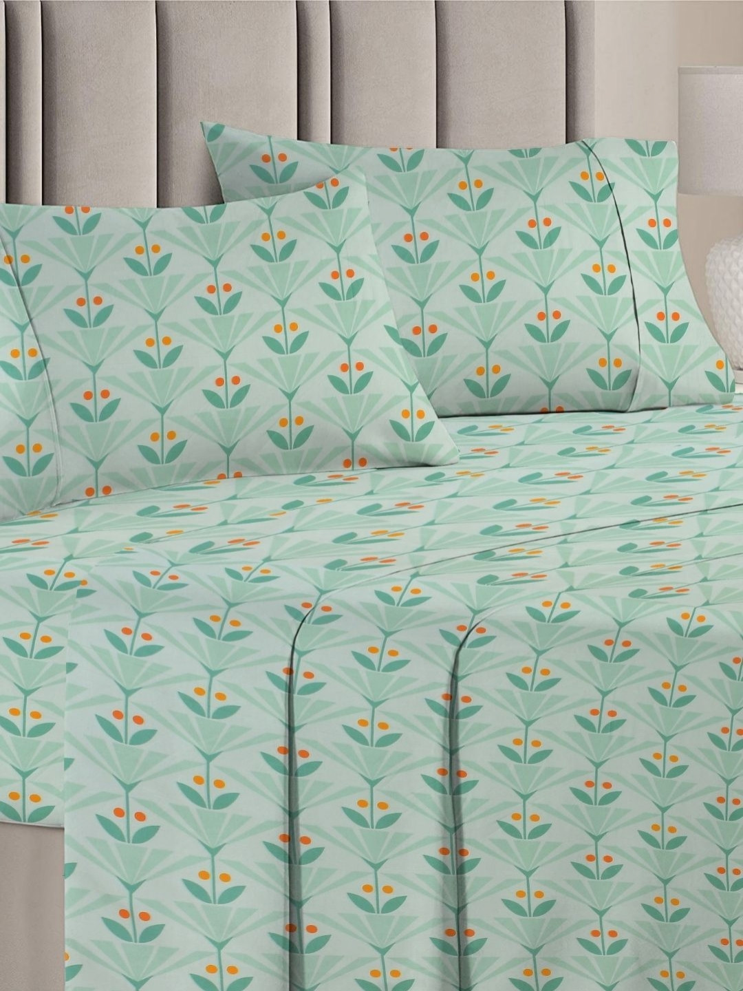 VAS COLLECTIONS Valancia Green Floral Microfiber 210 TC Double Bedsheet Set-2.54x2.28m