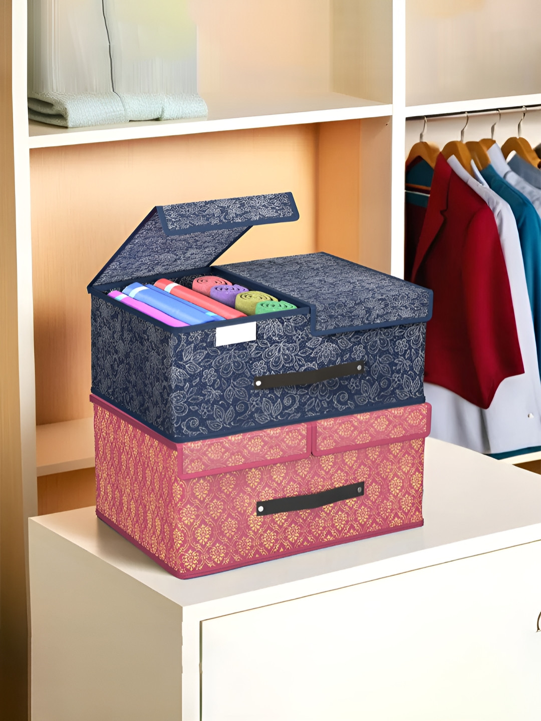 Aura Maroon 2 Pcs Cloth Organisers for Wardrobe Small Foldable Storage Box with Double Lid