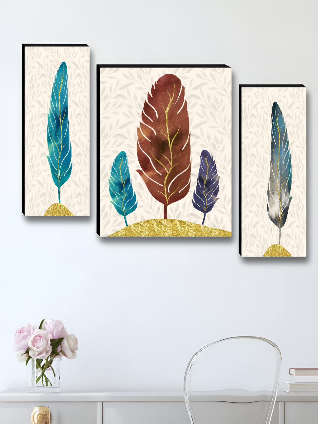 Aura Brown & Blue 3 Pieces Wing Wall Paintings