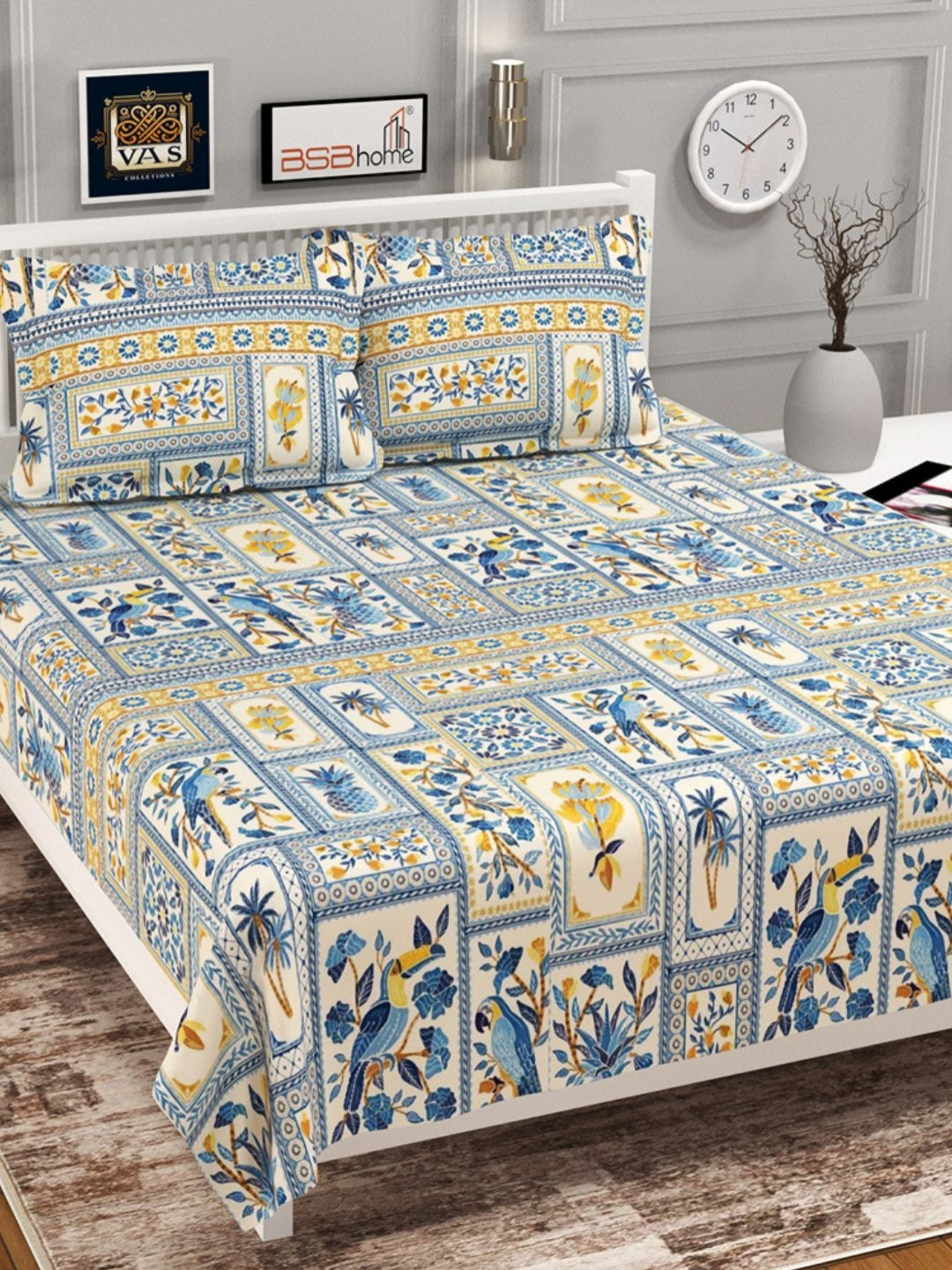 VAS COLLECTIONS Valancia White Floral Microfiber 210 TC Double Bedsheet Set-2.54x2.28m