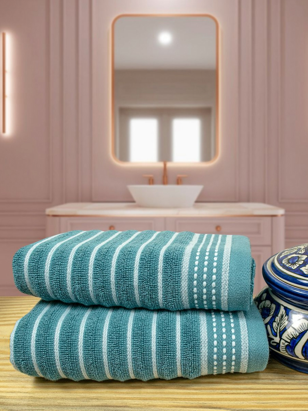 Myntra Elegant Homes 2-Pcs Blue & White Striped Pure Cotton 515 GSM Hand Towels