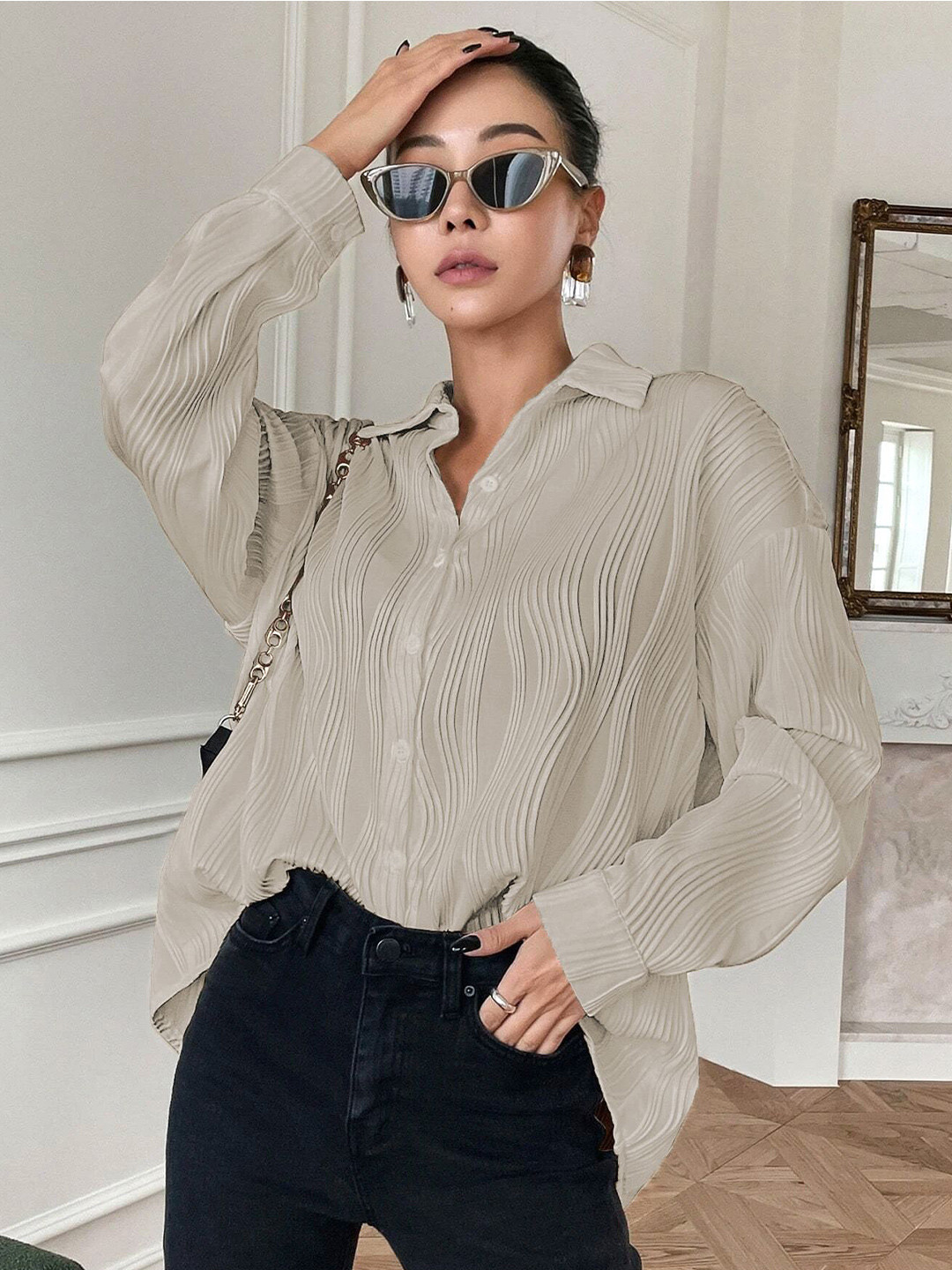 LERIYA FASHION Self Design Cuffed Sleeves Shirt Style Top