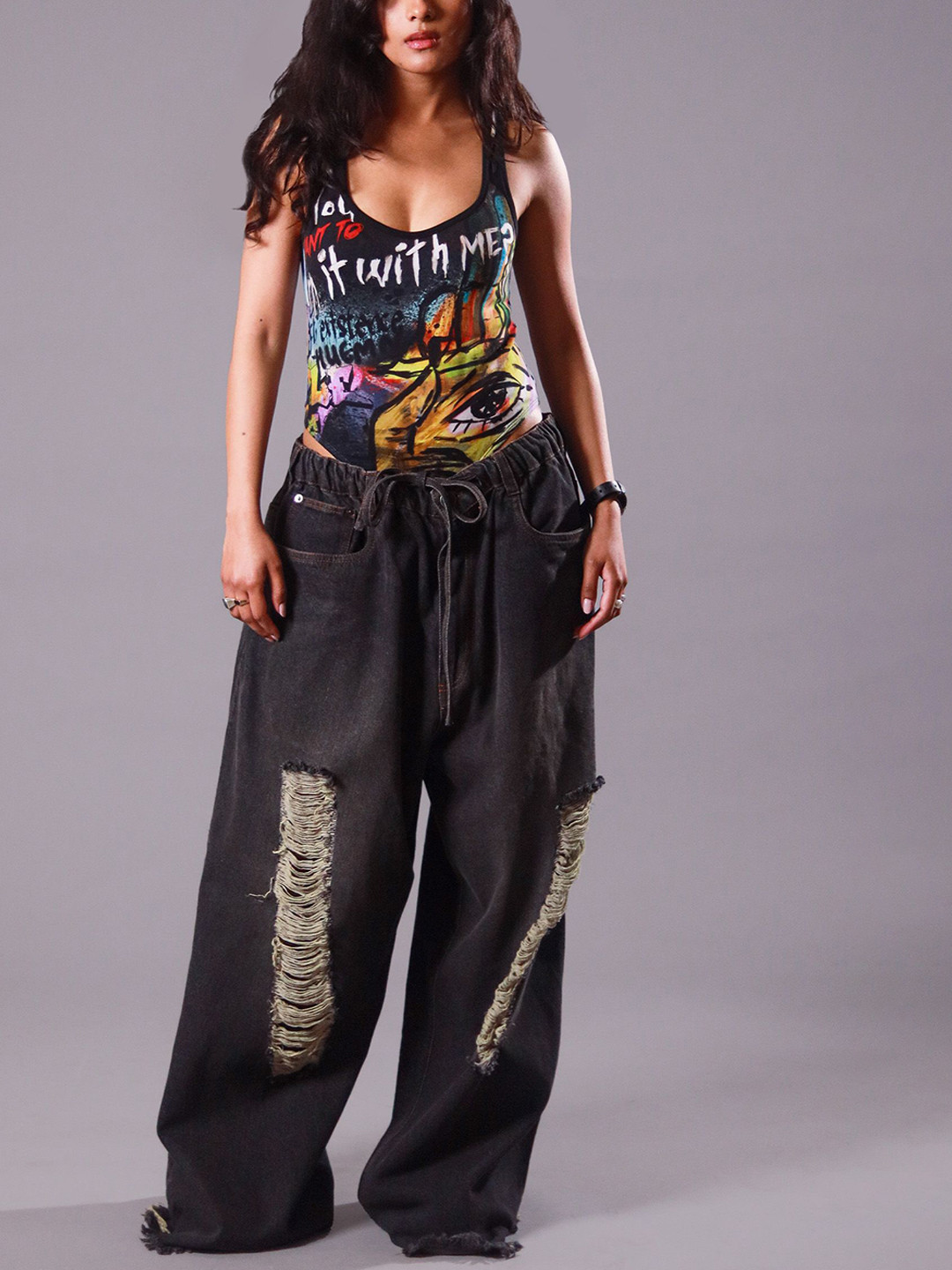 HUEMN Women Graffiti Printed Shoulder Straps Neck Bodysuit