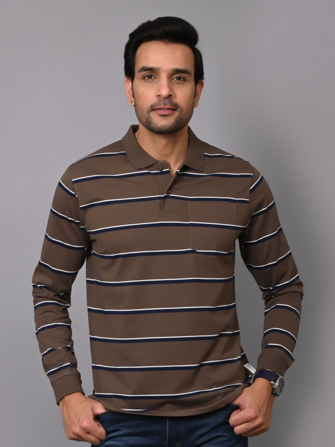 ARBOUR Men Striped Polo Collar Full Sleeves Cotton T-shirt with Pocket Detail