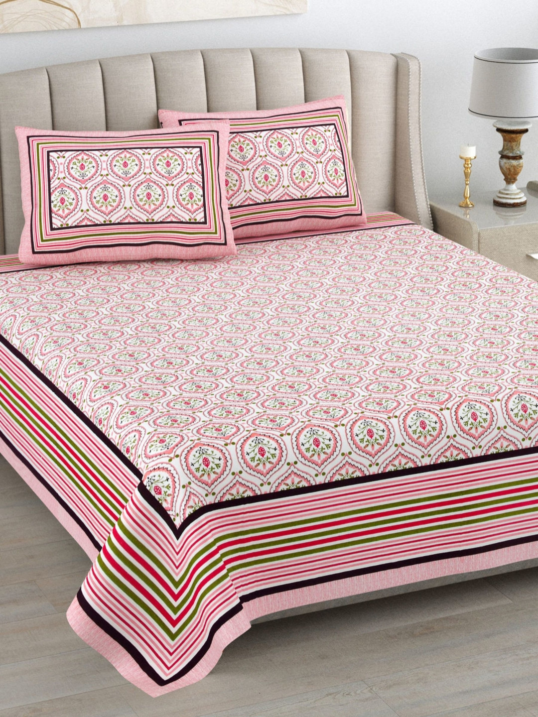 Urban Jaipur Eleg_Geopink White Floral Cotton 186 TC Queen Fine Bedsheet with 2 Pillow Covers-108 x 90 inches