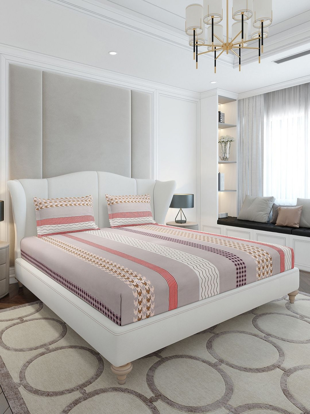 Monte Carlo Grey & Pink Abstract Printed 120 TC Queen Bedsheet Set-2.3 m x 2.50 m