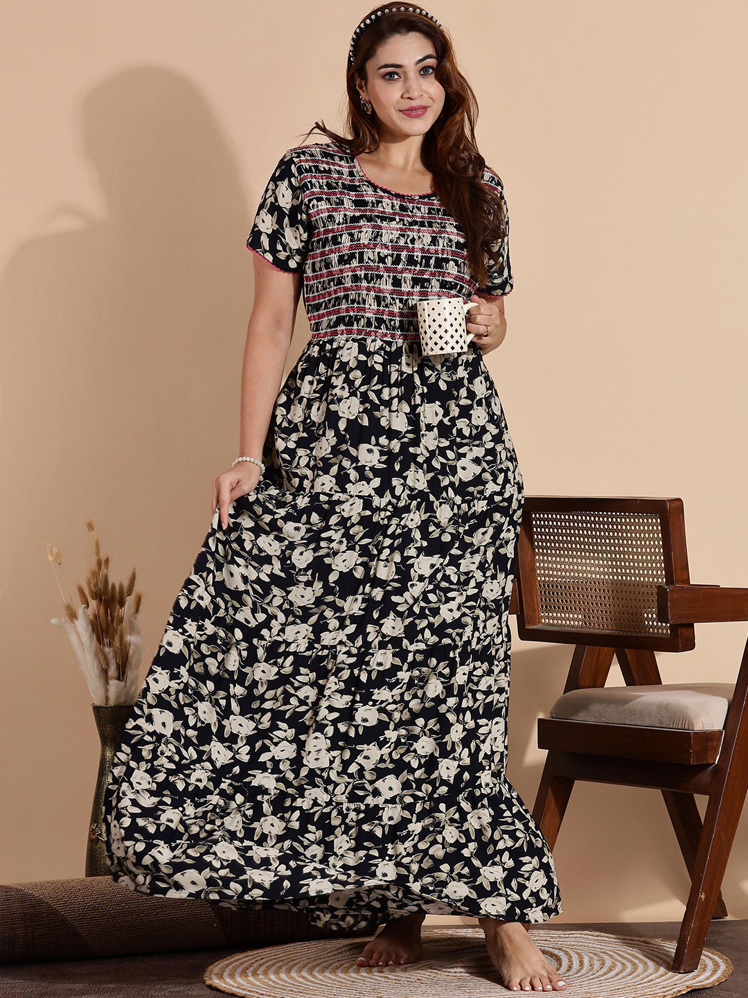 9shines Label 9shines Women Label Printed Smocky Frock Style Maxi Nightdress