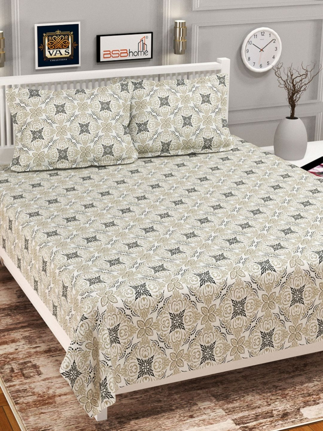 VAS COLLECTIONS Valancia Grey Floral Microfiber 210 TC Double Bedsheet Set-2.54x2.28m