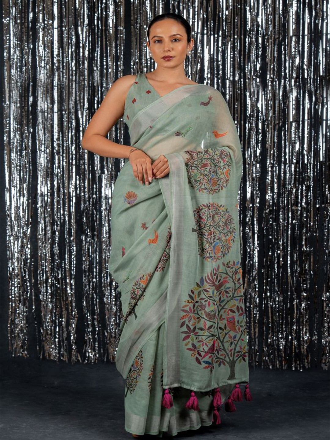 KALINI  FASHION Floral Print Linen Saree With Unstitched Blouse Piece