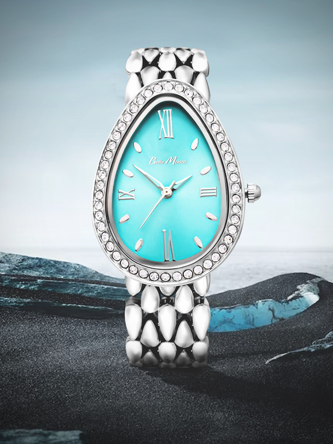 Bella Monza Women Oval Dial & Stainless Steel Straps Analogue Watch AA_Silver_Turquoise