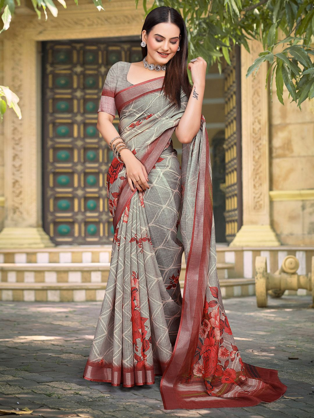 Anouk Rustic Floral Block Print Saree With Blouse Piece