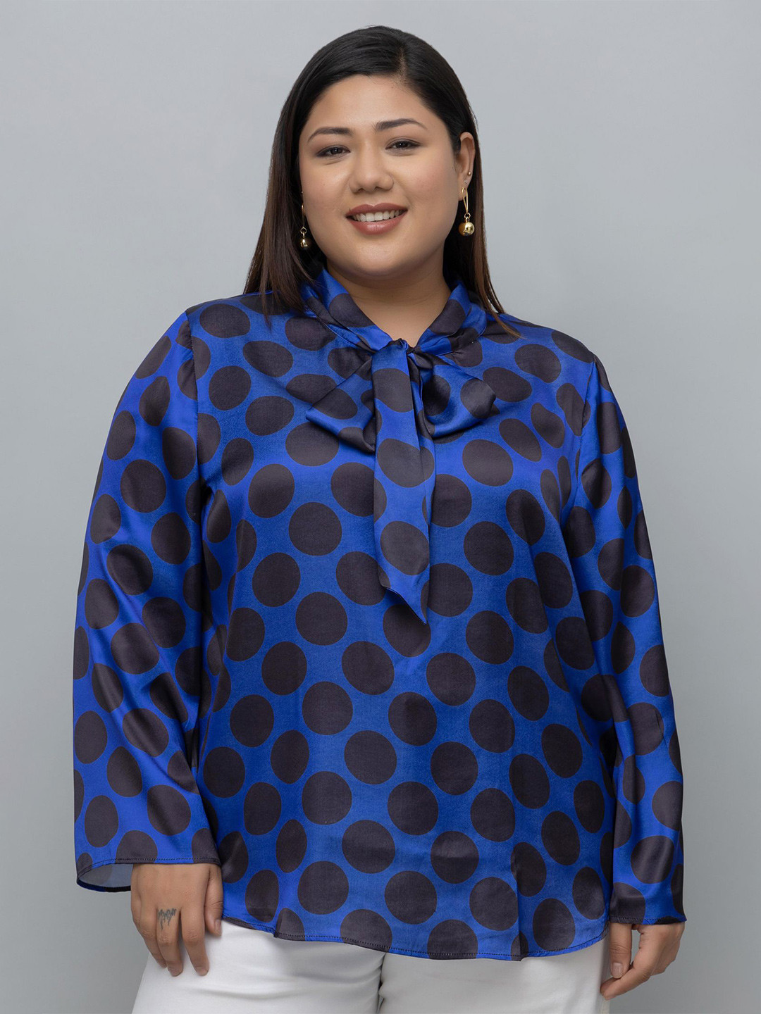 PURYS PLUS Polka Dot Print Tie-Up Neck Satin Top