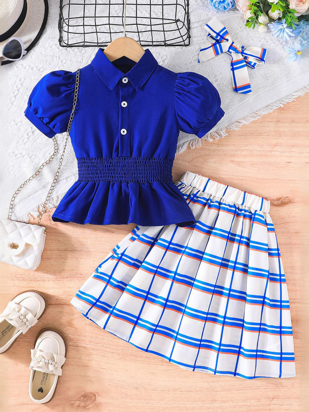 INCLUD Girls Smocked Short Puff Sleeves Top With Skirts