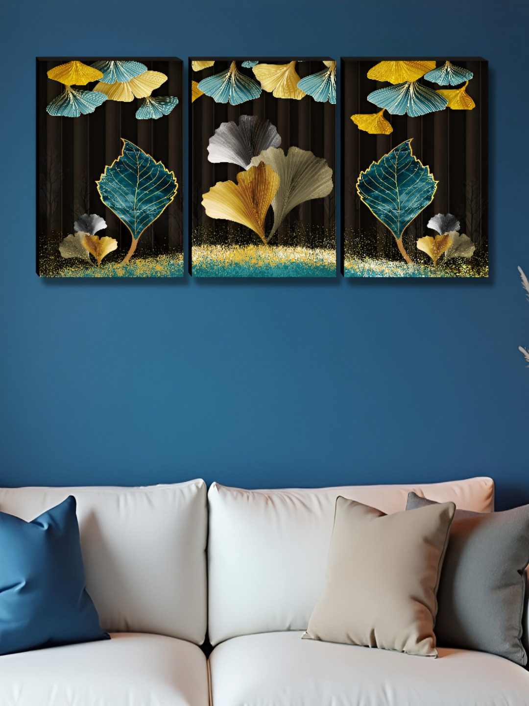 Aura Flower Black Wood 3 Pcs Wall Living Room Rectangle Paintings Wall Art -12.13 x 35In