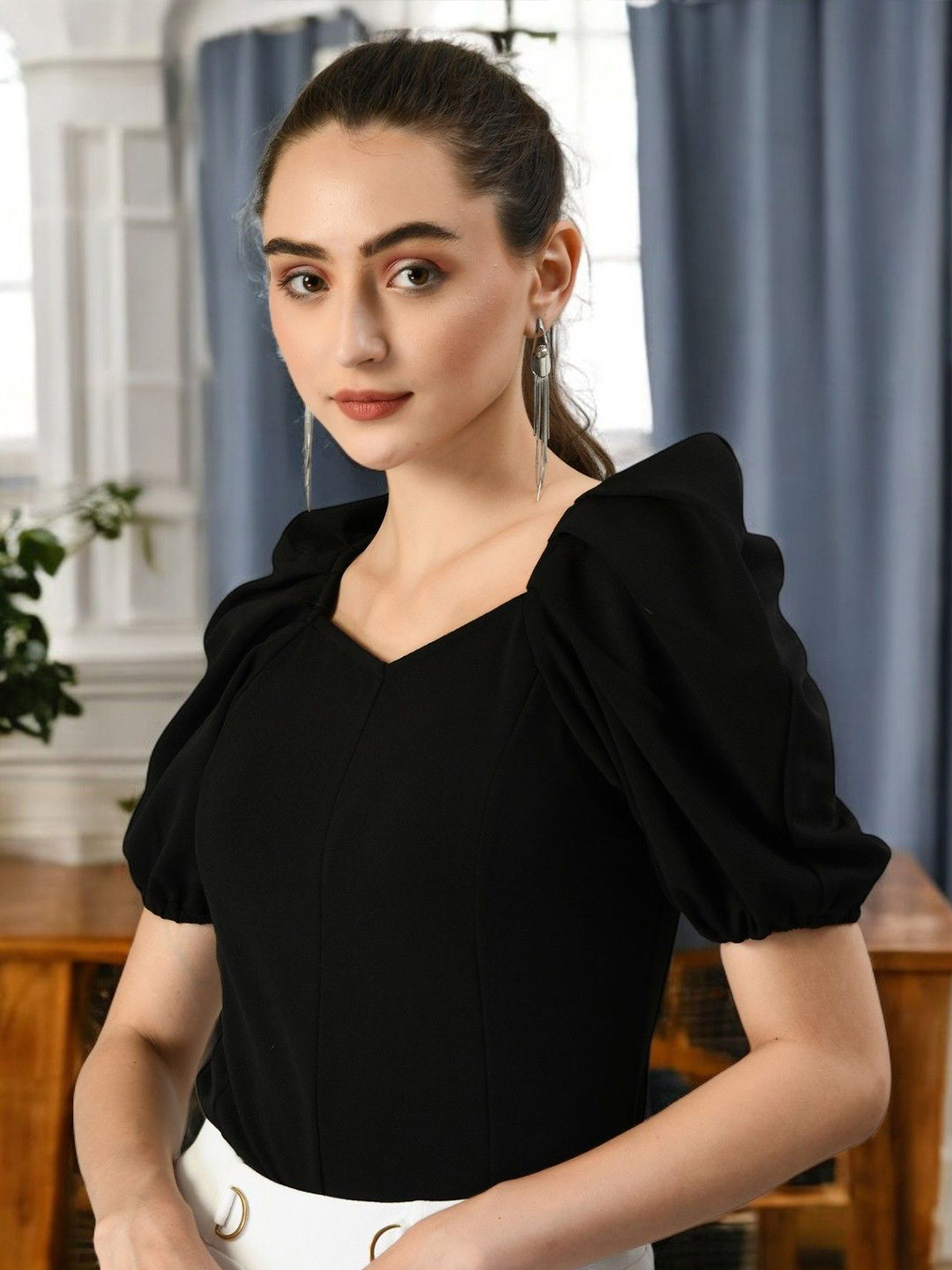 ZEUGEN Sweetheart Neck Puff Sleeve Blouson Top