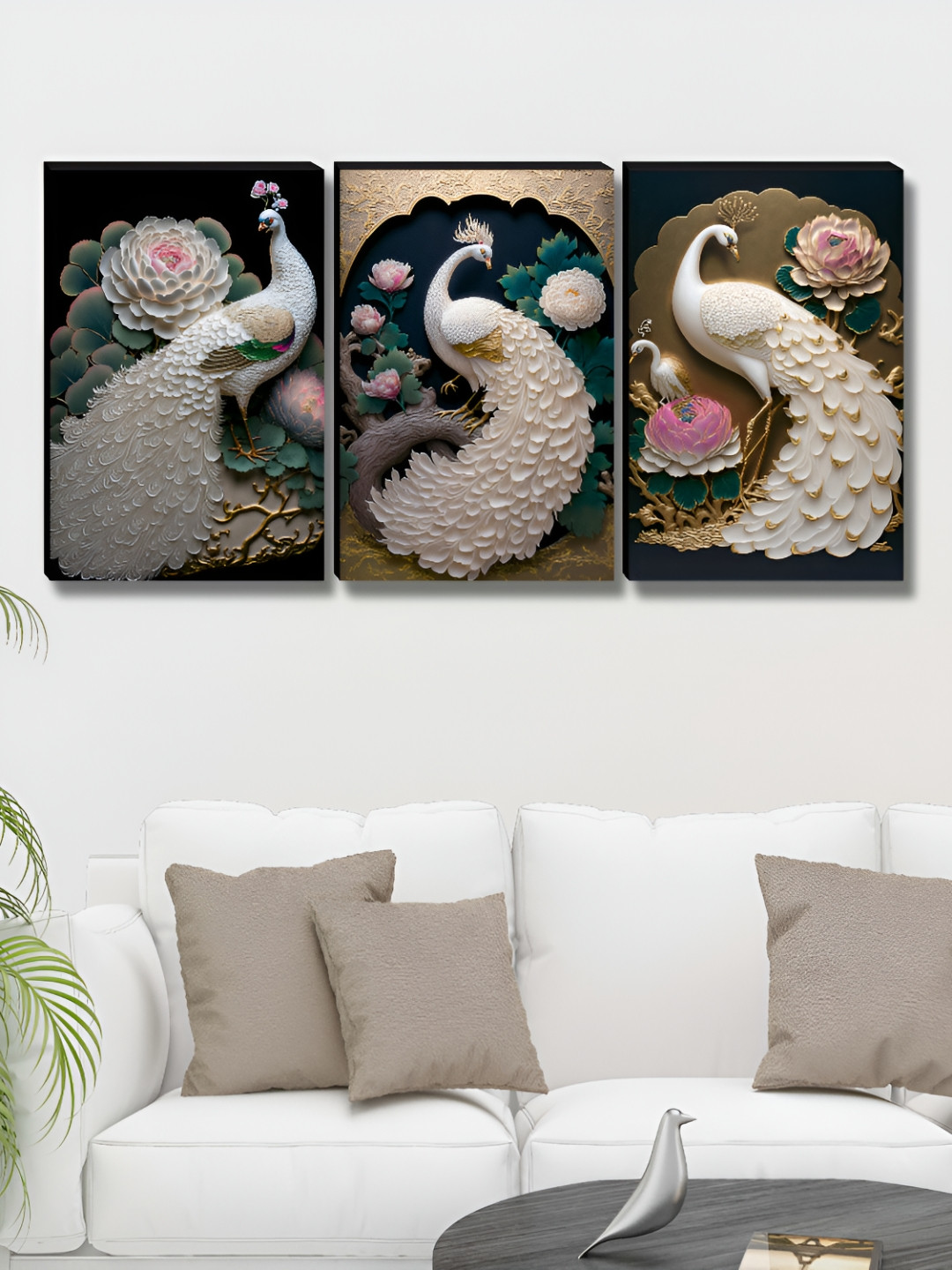 Aura Multicoloured 3 Pieces Peacock Wall Paintings