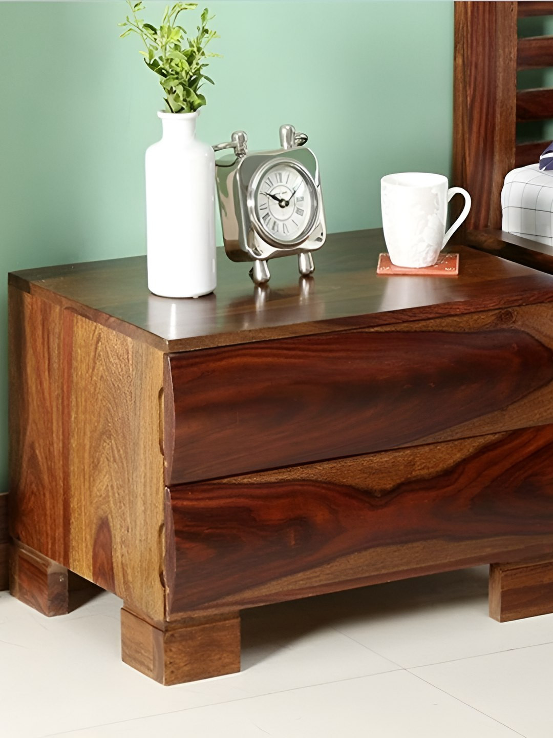 GLOBALLY INDIAN Brown Wooden Rectangle Bedside Table