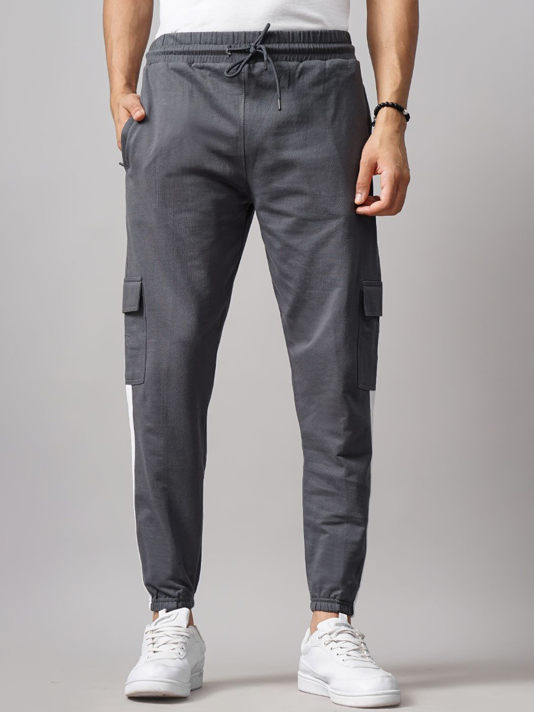 Charcoal Slim Fit Mid-Rise Joggers with Side Stripes