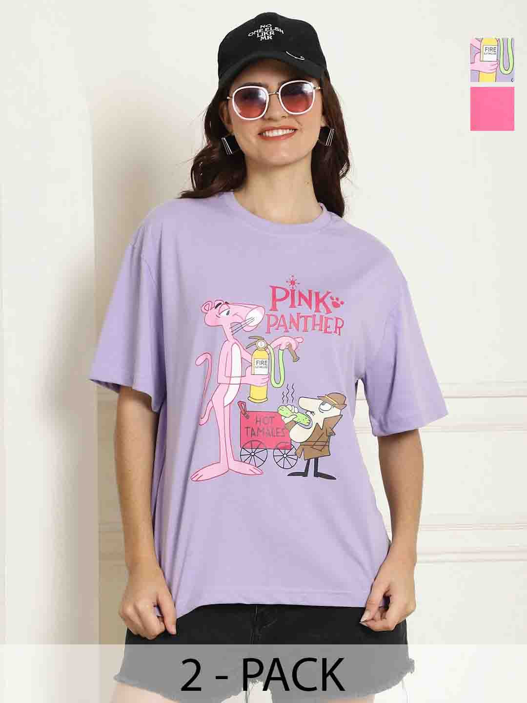 Metronaut Women Pack of 2 Pink Panther Graphic Printed Cotton Oversized T-shirts