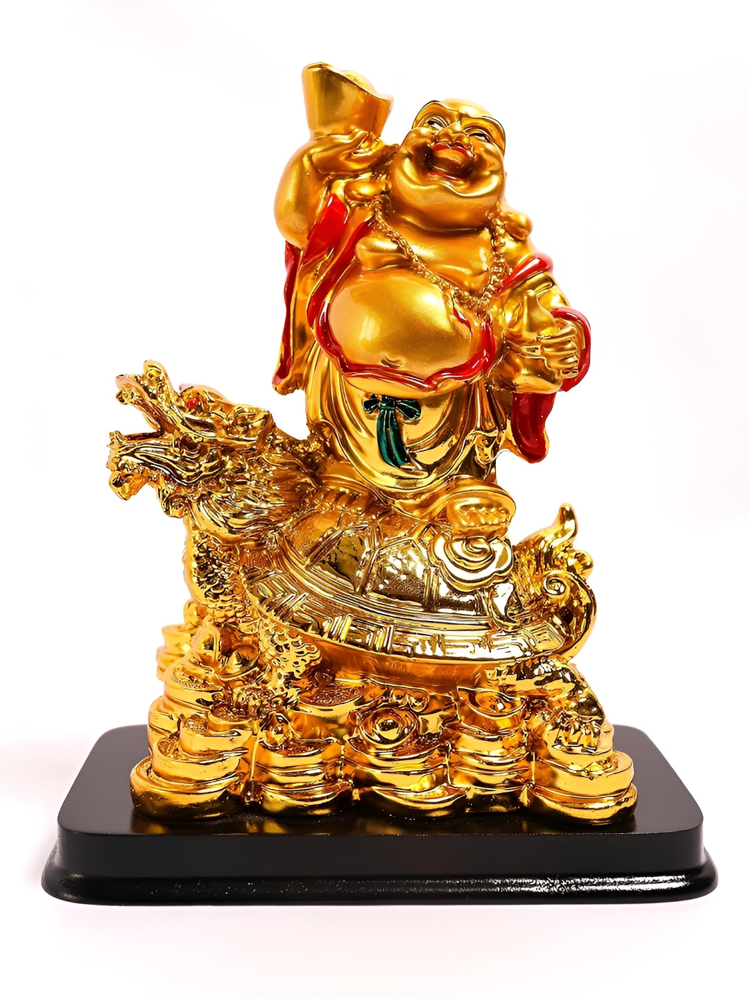 The Spiritual Living Laughing Buddha Holding ingot and Wu Lou On Dragon Gold Polyresin Natural Living Room Medium Showpiece - 6.5 Inches