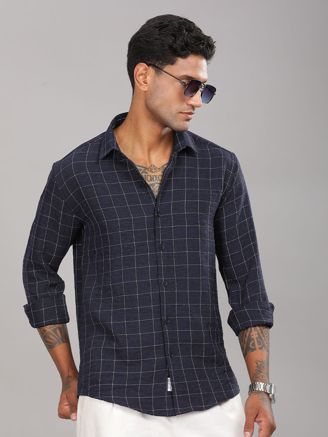 THE BEETEL HOUSE Men Standard Fit Windowpane Checked Spread Collar Casual Shirt