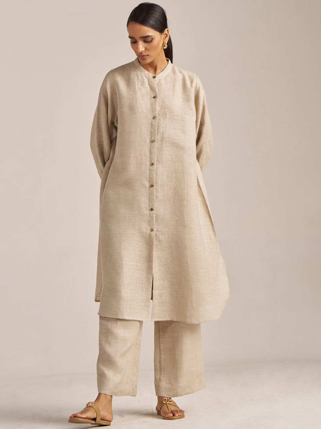 Ganga Undyed Natural Linen Tunic With Palazzo Co-Ord Set