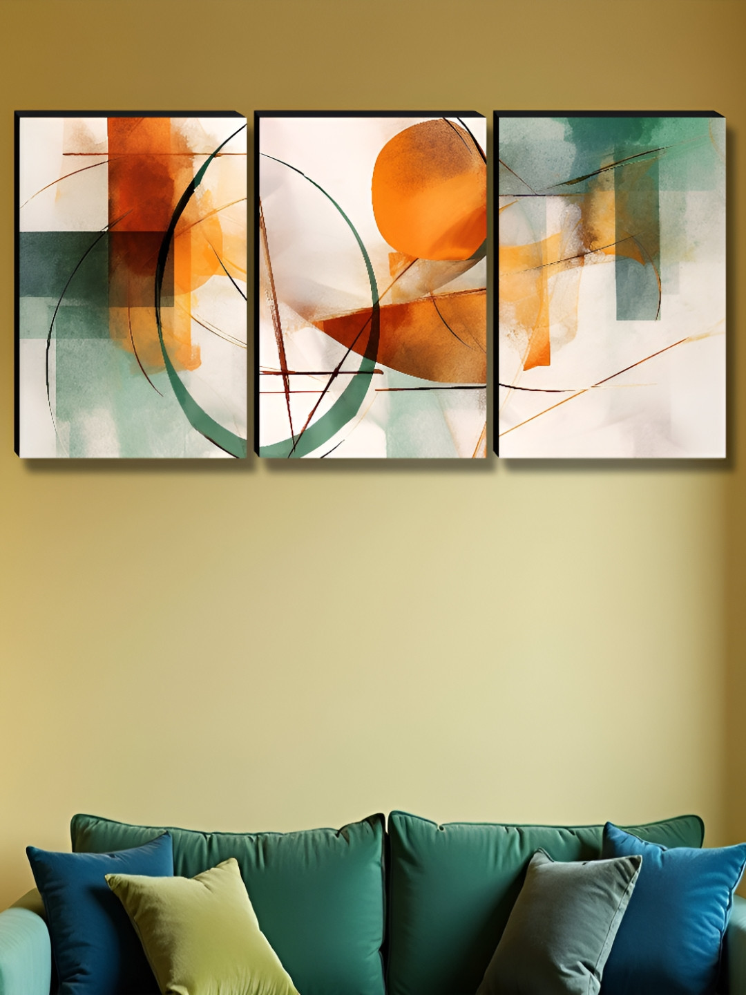 SAF Black & Green 3 Piece Wood Abstract Wall Paintings