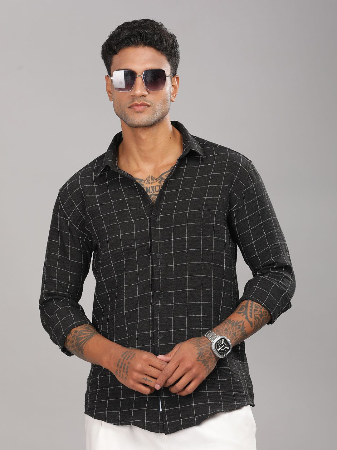 THE BEETEL HOUSE Men Standard Fit Windowpane Checked Spread Collar Casual Shirt