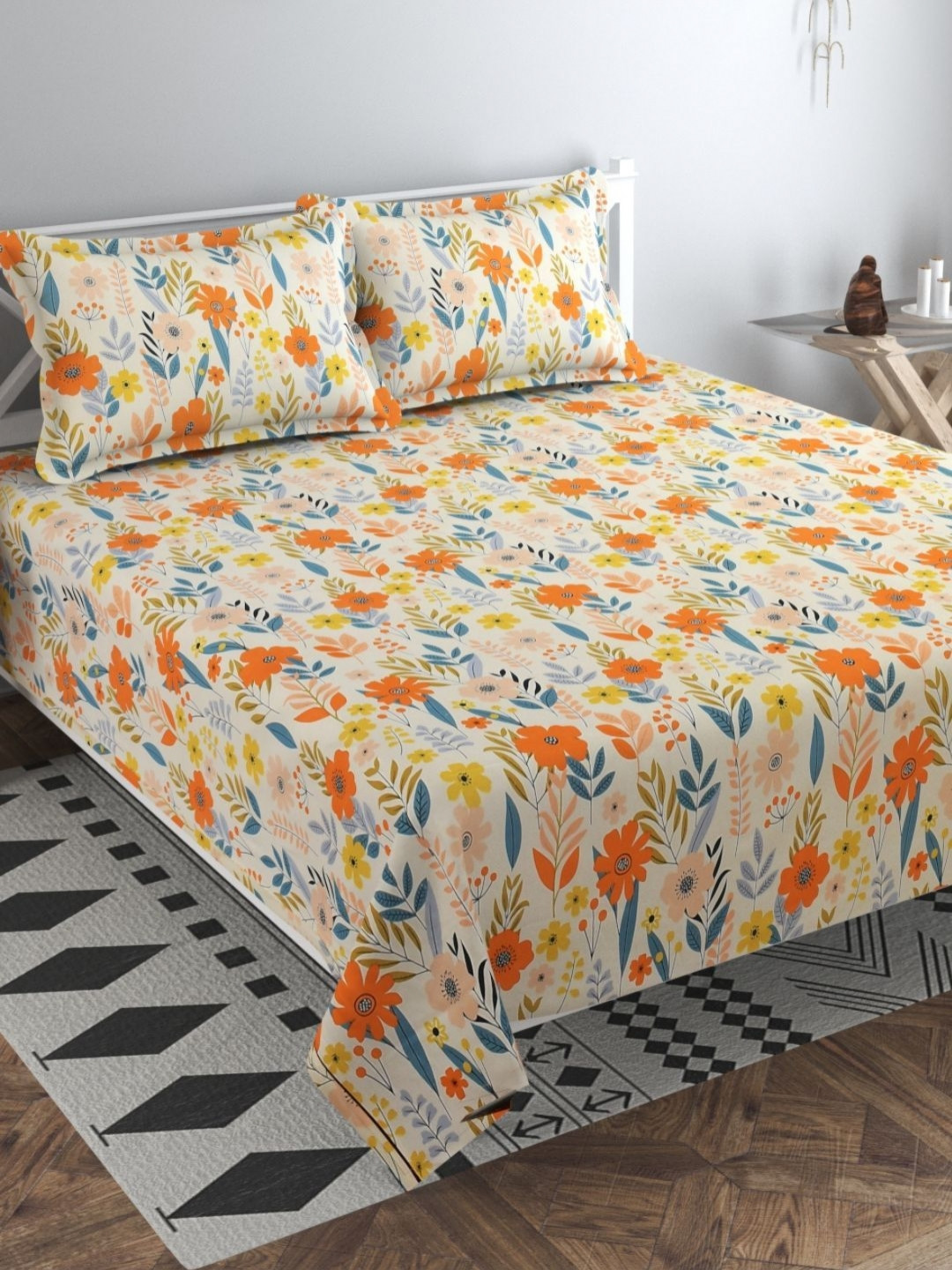 VAS COLLECTIONS Kingston Beige & Blue Floral Cotton 210 TC King Bedsheet Set-2.74mx2.74m